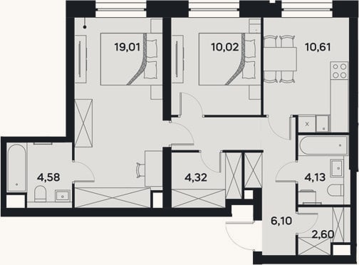 Планировка: 2-к, 64,7 м²