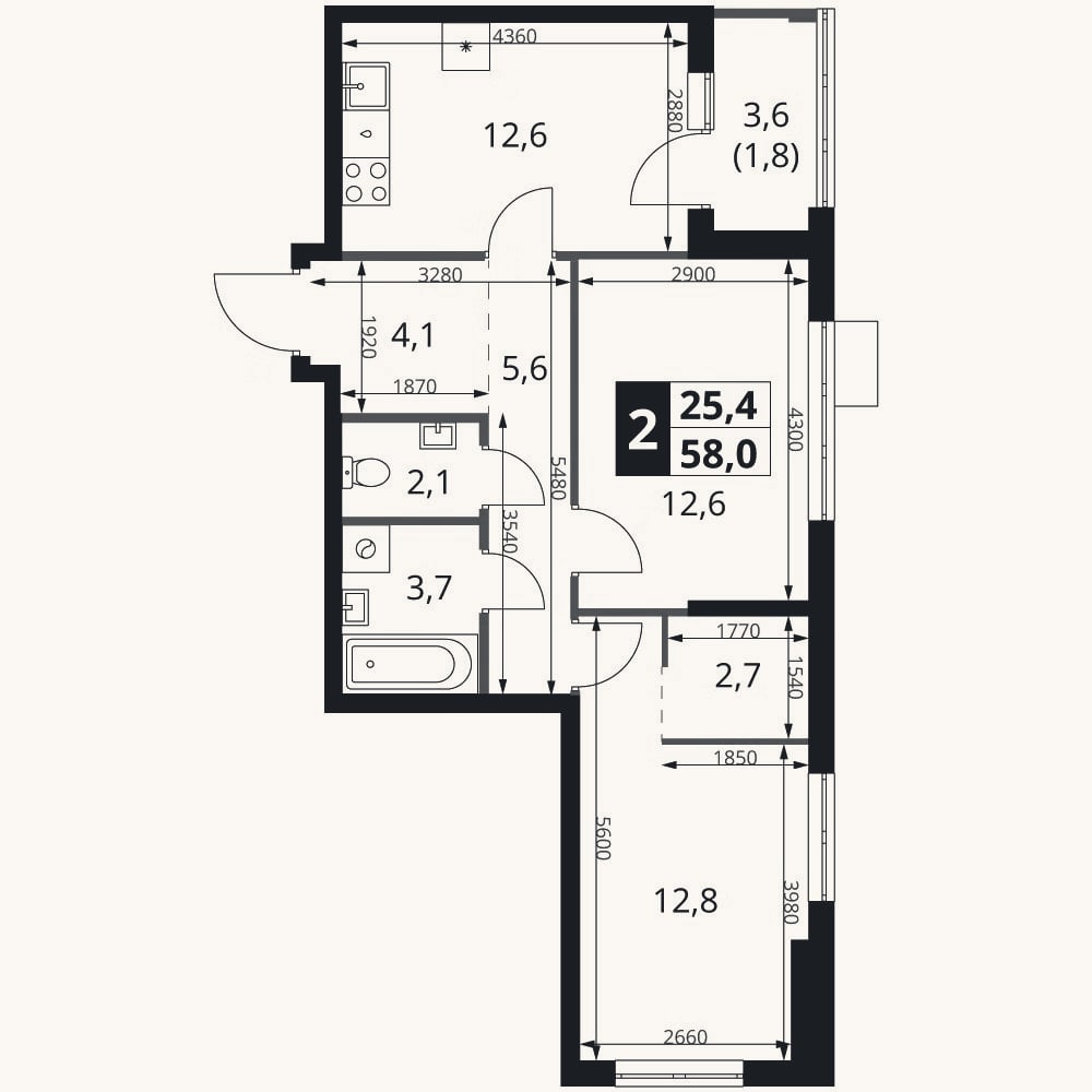 Планировка: 2-к, 56,2 м²