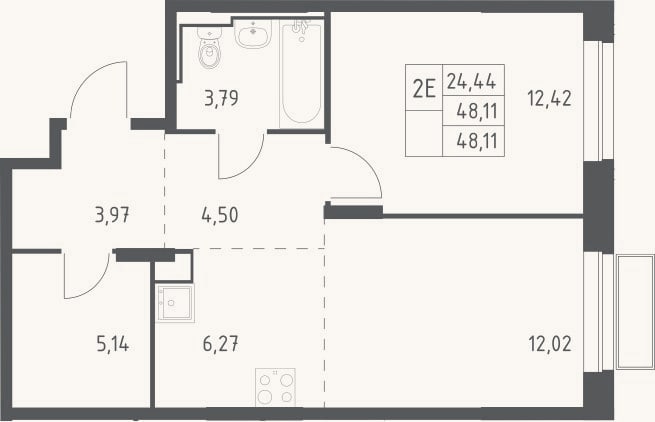 Планировка: 2-к, 48,1 м²