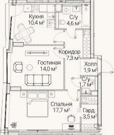 Планировка: 2-к, 61,3 м²