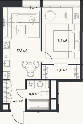 Планировка: 2-к, 43,1 м²