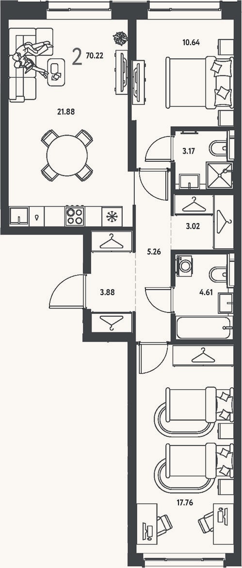 Планировка: 2-к, 70,2 м²