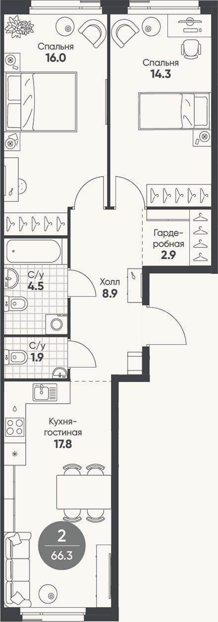 Планировка: 3-к, 66,3 м²