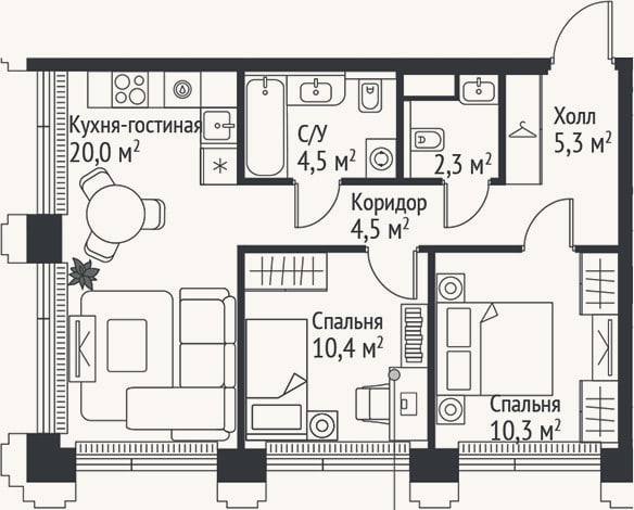 Планировка: 3-к, 57,3 м²