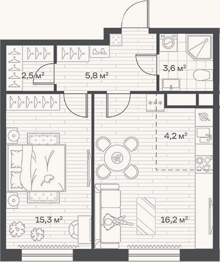Планировка: 2-к, 47,6 м²