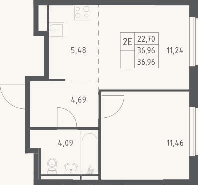 Планировка: 2-к, 37 м²