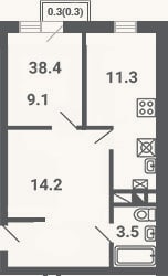 Планировка: 2-к, 38,1 м²