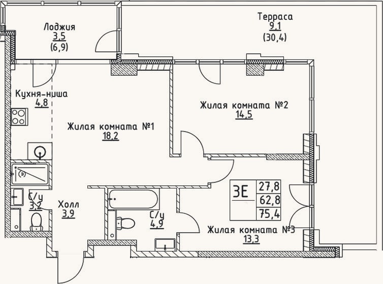 Планировка: 3-к, 62,8 м²