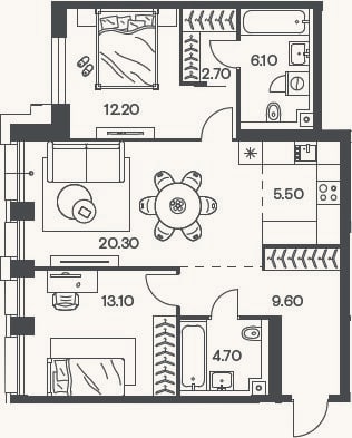 Планировка: 3-к, 74,2 м²