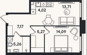 Планировка: 2-к, 49,5 м²