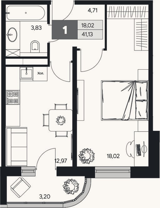Планировка: 1-к, 39,5 м²