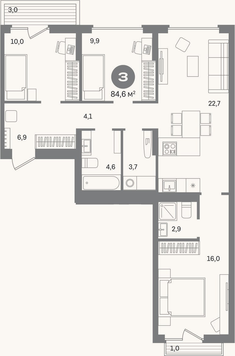 Планировка: 3-к, 80,6 м²