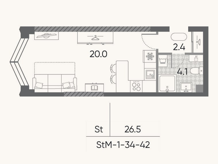 Планировка: Студия, 26,5 м²