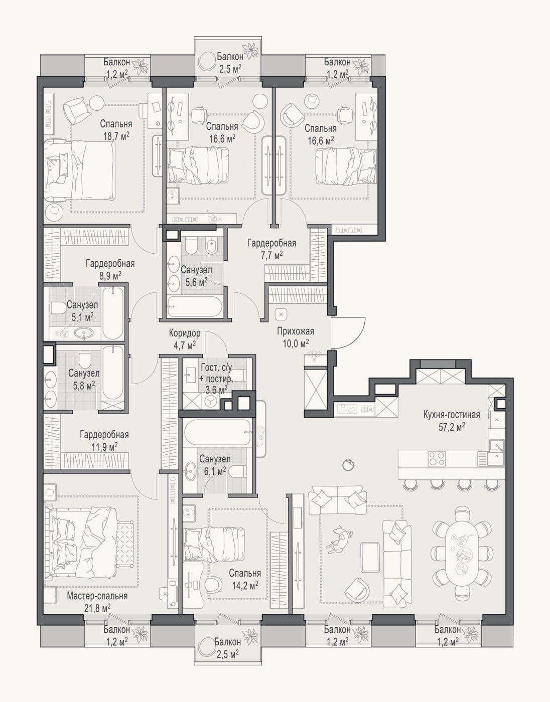Планировка: 4+ к, 212,1 м²