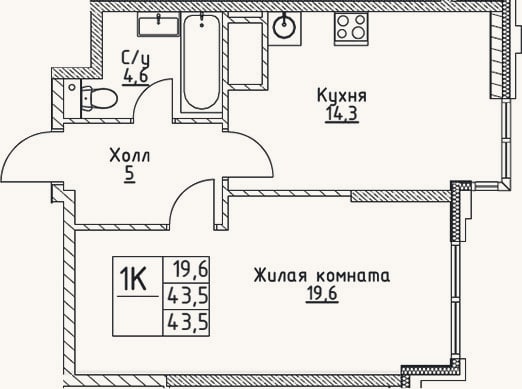 Планировка: 1-к, 43,5 м²