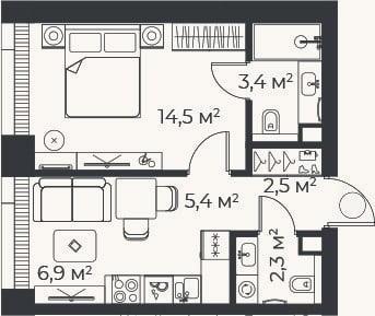 Планировка: 2-к, 35 м²
