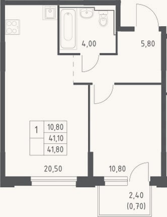 Планировка: 2-к, 41,1 м²