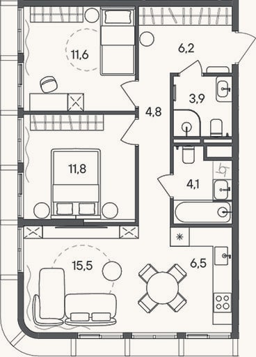 Планировка: 3-к, 64,4 м²