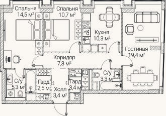 Планировка: 3-к, 80,4 м²
