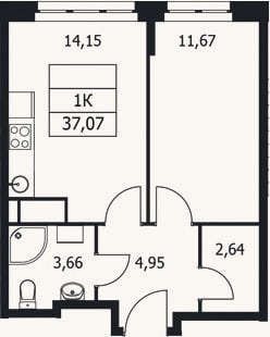 Планировка: 1-к, 37,1 м²