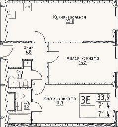 Планировка: 3-к, 71,4 м²