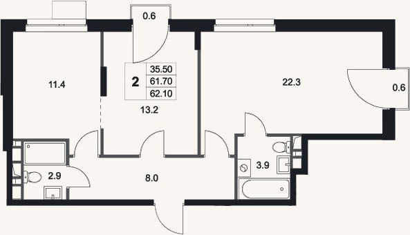 Планировка: 2-к, 61,7 м²