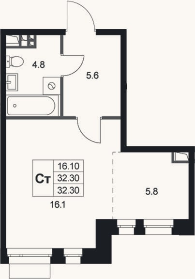 Планировка: Студия, 32,3 м²