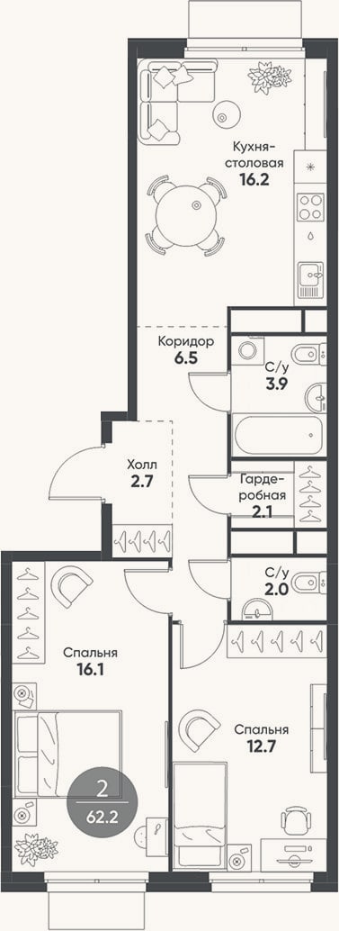 Планировка: 3-к, 62,2 м²