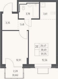 Планировка: 2-к, 38,7 м²