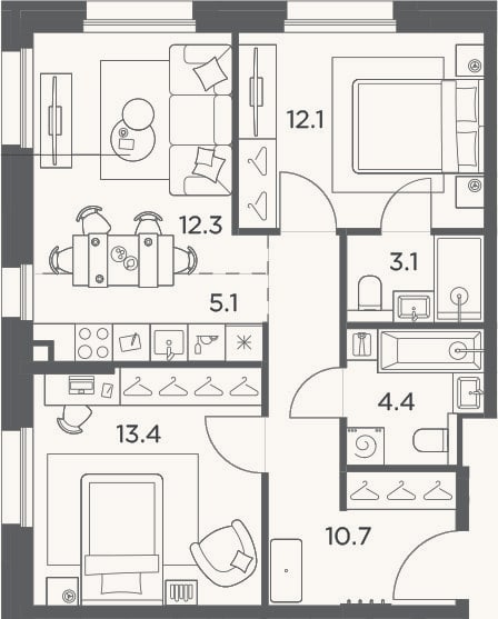 Планировка: 3-к, 61,1 м²
