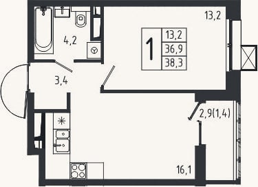 Планировка: 1-к, 36,9 м²