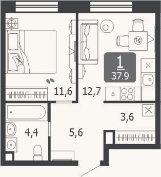Планировка: 1-к, 37,9 м²