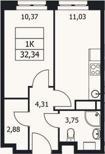 Планировка: 1-к, 32,3 м²