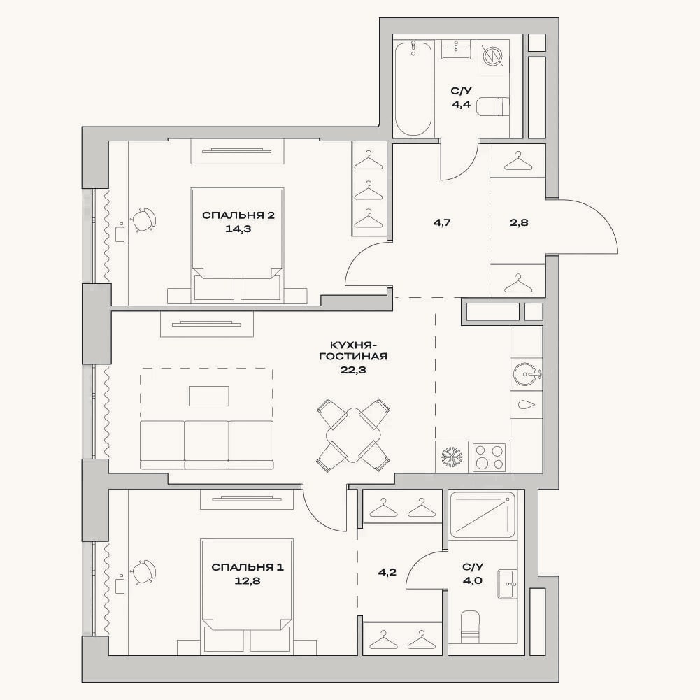 Планировка: 3-к, 70,5 м²