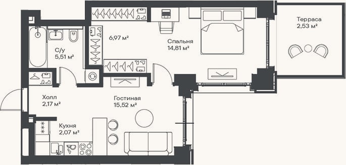 Планировка: 2-к, 47,1 м²