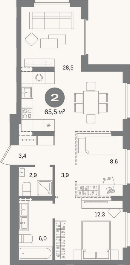 Планировка: 2-к, 65,5 м²