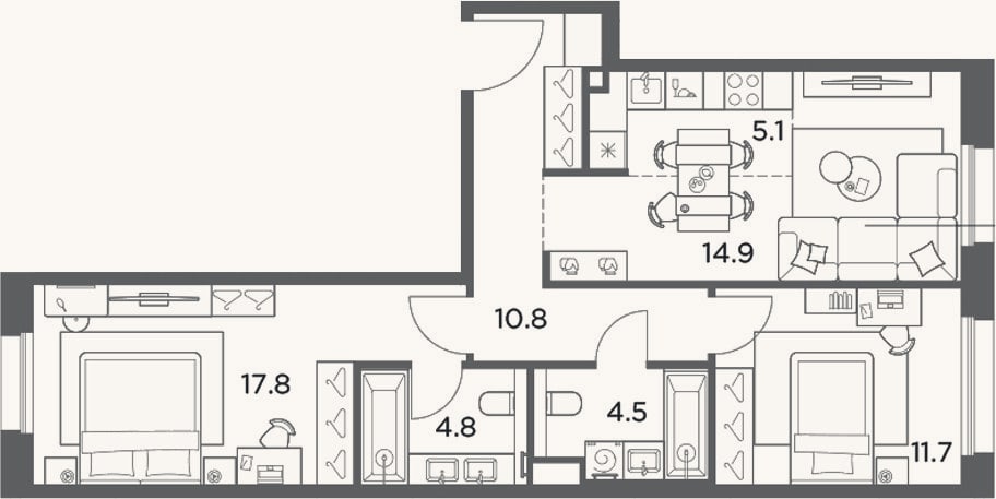 Планировка: 3-к, 69,6 м²