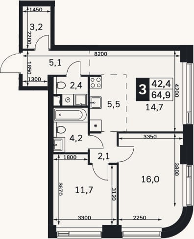 Планировка: 3-к, 64,9 м²
