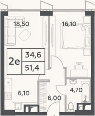 Планировка: 2-к, 51,4 м²