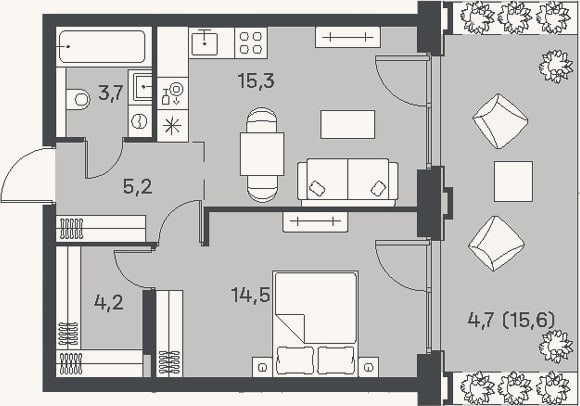 Планировка: 2-к, 42,9 м²