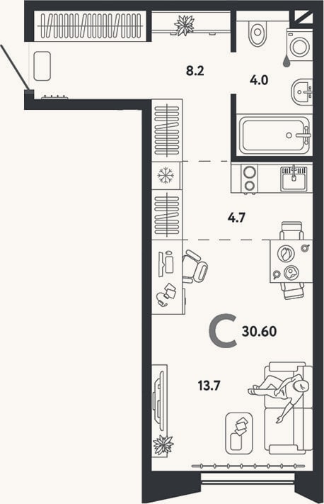 Планировка: Студия, 30,6 м²