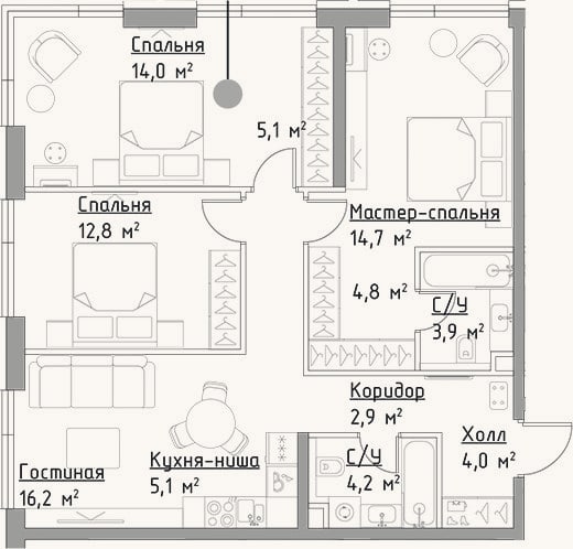 Планировка: 4+ к, 87,7 м²