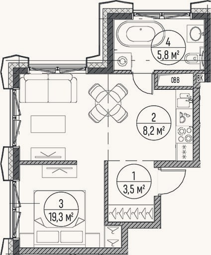 Планировка: 2-к, 36,8 м²