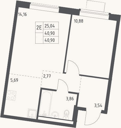 Планировка: 2-к, 40,9 м²