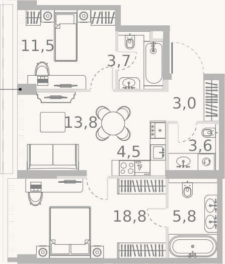 Планировка: 3-к, 67,9 м²