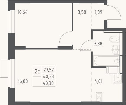 Планировка: 2-к, 40,4 м²