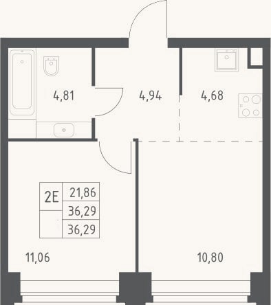 Планировка: 2-к, 36,3 м²