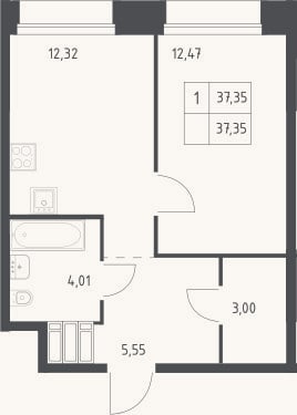 Планировка: 1-к, 37,4 м²