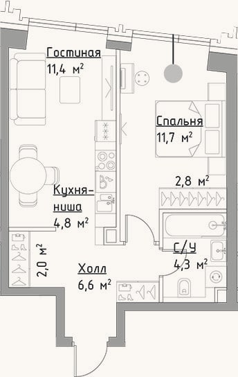 Планировка: 2-к, 43,6 м²