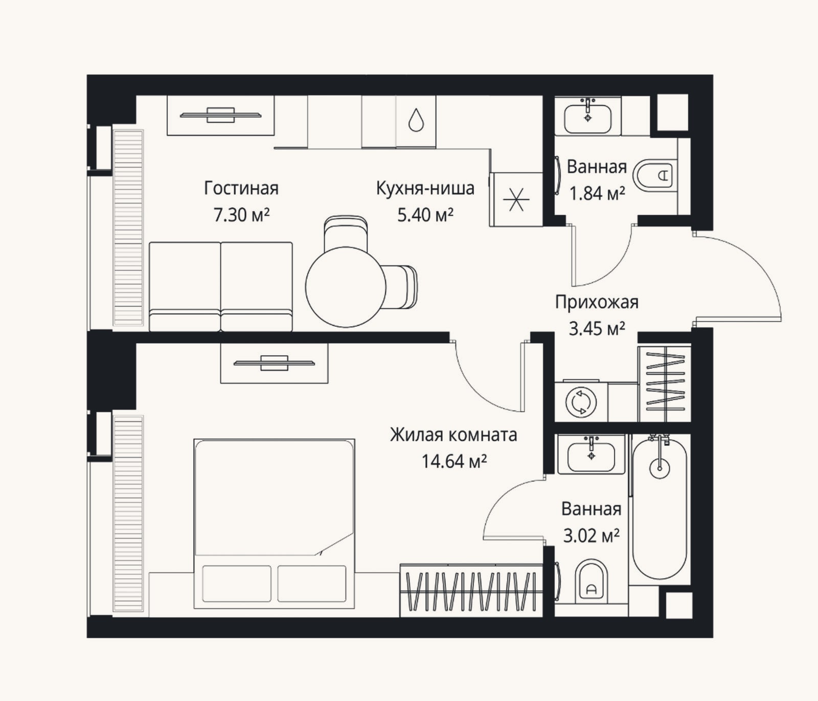 Планировка: 2-к, 35,7 м²